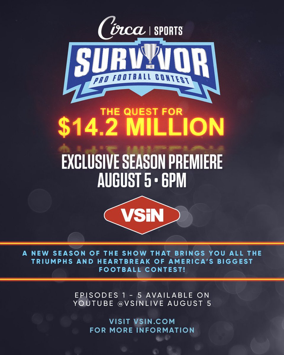 Season 2 of Circa Survivor: The Quest for $14.2 Million premieres next Tuesday 8/5 at 9PM ET on <a href="/VSiNLive/">VSiN</a>. 🏆 

🎥 Sneak peek: bit.ly/45pgutk
📺 Full watch info: bit.ly/41jp5vc

#CircaSports #CircaSurvivor