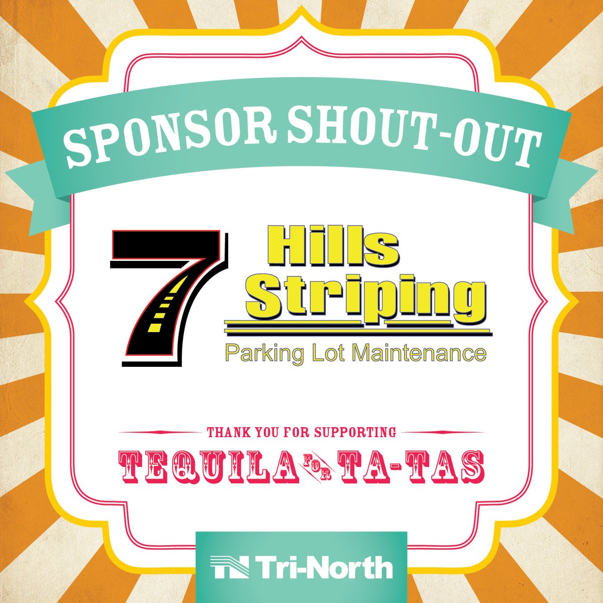 🛣️ Big thanks to 7 Hills Striping for keeping us on track as a T4T 2025 sponsor! 🎪 Sept 10 at Tri-North: margaritas, carnival games &amp; prizes—all for breast cancer research. 🎀

🎟️ Registration opens soon!
👉 facebook.com/share/16qKP1Fz…
#TequilaForTaTas #7HillsStriping