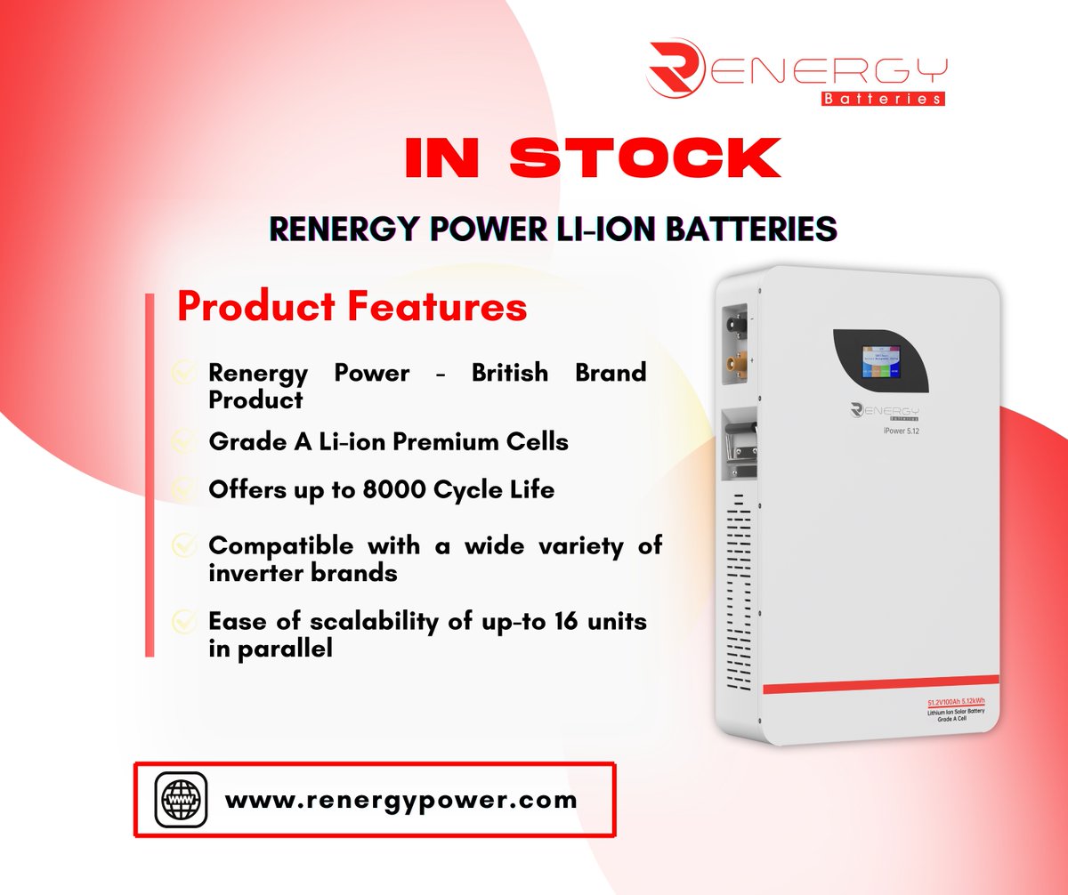 Renergypowerbat's tweet image. Power that grows with you.
The iPower 5.12kWh battery from Renergy Power is built to scale
✔ British brand reliability
✔ Up to 8000 cycle life

#iPower #RenergyPower #SmartEnergyStorage #SolarKenya #ReliableBackup #CleanEnergySolutions #5kWhBattery