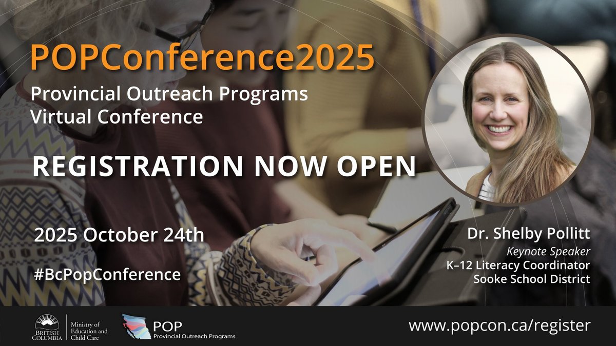 On October 24th, BC's Provincial Outreach Programs are gathering virtually for #POPConference2025. Join us! Registration is free. popcon.ca/2025/

#BCPOPConference #VirtualConference #SupportingStudents #BCEd