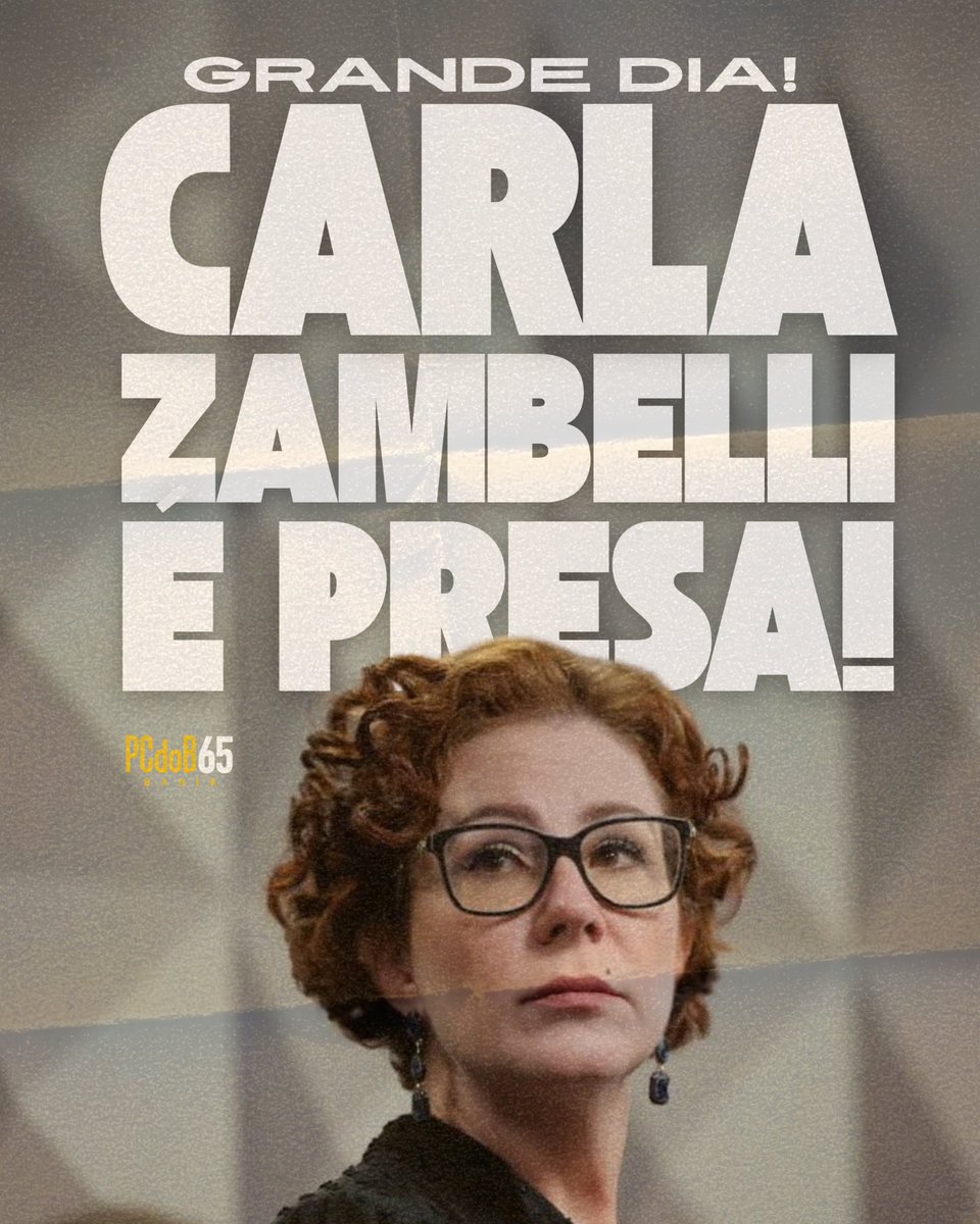 GRANDE DIA! ✊🏽

O Ministério da Justiça confirmou que a deputada Carla Zambelli foi presa em Roma, na Itália hoje.

Carla é considerada foragida após ter o mandato cassado e ser condenada pelo STF a 10 anos e 8 meses de prisão.
