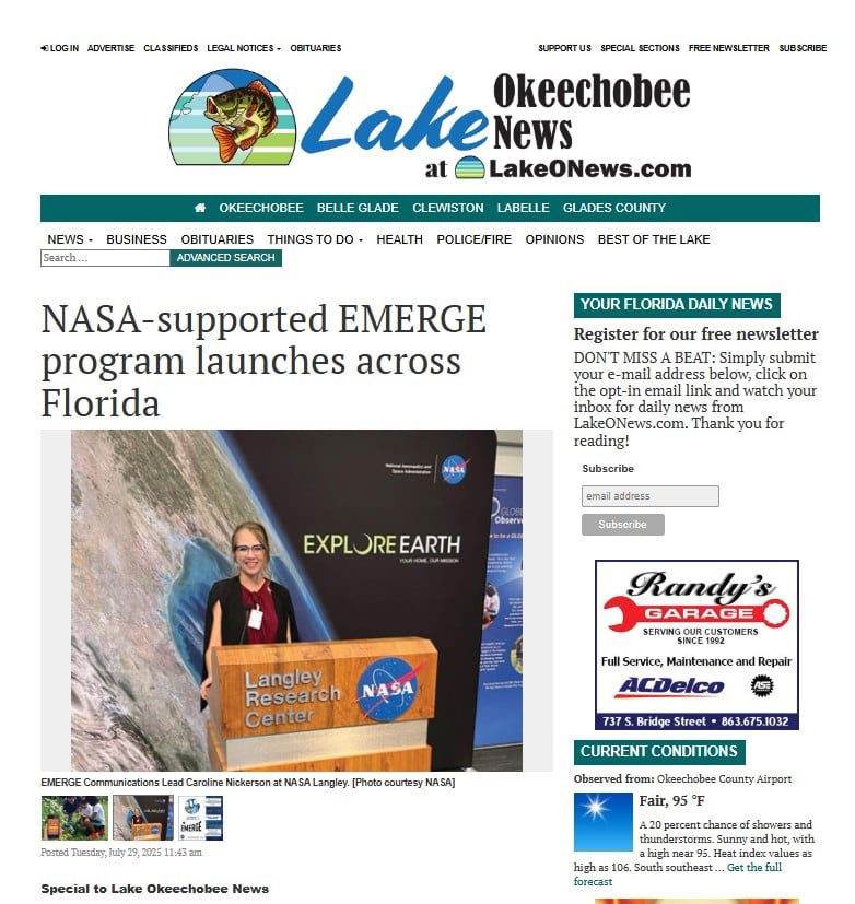 Caroline Nickerson, PhD (@chnickerson) on Twitter photo EMERGE is in the <a href="/LakeONews/">Lake Okeechobee News</a>! There’s still time for you to join our mission & fight mosquitoes across Florida with NASA science.
Supported as well by: <a href="/FLInnovation/">Florida Community Innovation</a>, <a href="/SciStarter/">SciStarter</a> & others ❤️ EMERGE is in the <a href="/LakeONews/">Lake Okeechobee News</a>! There’s still time for you to join our mission & fight mosquitoes across Florida with NASA science.
Supported as well by: <a href="/FLInnovation/">Florida Community Innovation</a>, <a href="/SciStarter/">SciStarter</a> & others ❤️
