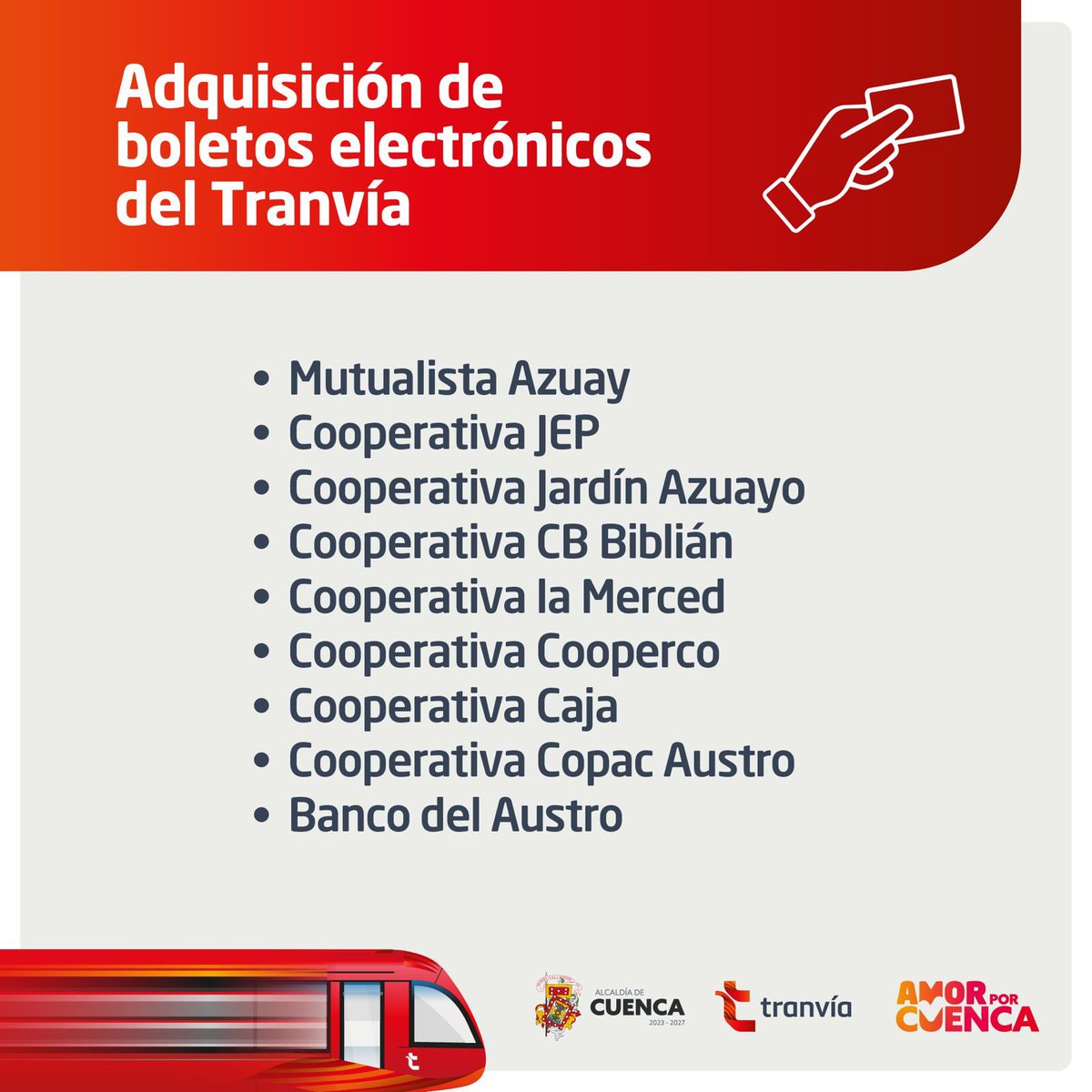 Tranvía Cuenca (@tranvia_cuenca) on Twitter photo Una alternativa de pago es el Ticket Electrónico, aquí te presentamos las diferentes entidades financieras que por medio de su app, podrás adquirir tu pasaje.
#VamosTodosEnElTranvía 🚊
#AmorPorCuenca ❤️💛
<a href="/MunicipioCuenca/">Municipio Cuenca</a>
<a href="/czamoramatute/">Cristian Zamora M</a> Una alternativa de pago es el Ticket Electrónico, aquí te presentamos las diferentes entidades financieras que por medio de su app, podrás adquirir tu pasaje.
#VamosTodosEnElTranvía 🚊
#AmorPorCuenca ❤️💛
<a href="/MunicipioCuenca/">Municipio Cuenca</a>
<a href="/czamoramatute/">Cristian Zamora M</a>