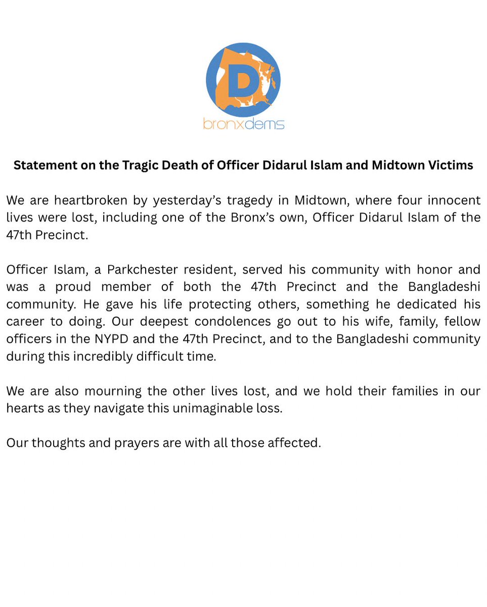 bronxdems's tweet image. We’re mourning the loss of Officer Didarul Islam, a Parkchester resident and member of the 47th Precinct who gave his life protecting others. 

Our hearts are with his family, the NYPD, and the entire Bangladeshi community.