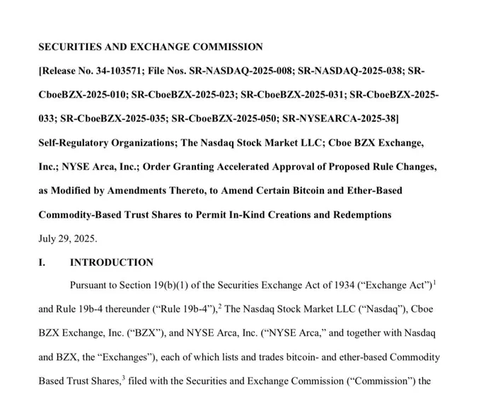 🔴CRIPTOVALUTE: 🚨 NOVITÀ: La SEC approva le creazioni e i riscatti in natura per gli ETF su Bitcoin ed Ethereum.