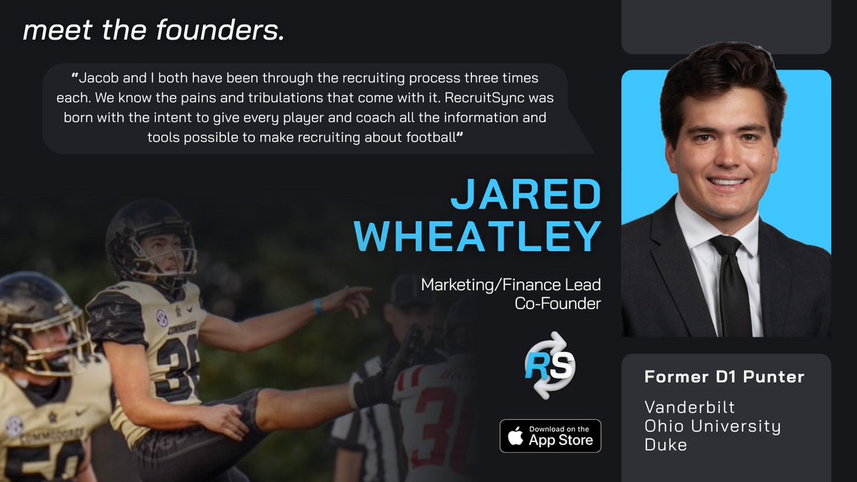 RecruitSync's tweet image. Meet Jared Wheatley! He cofounded RecruitSync and leads marketing and finance. Jared was a D1 punter at Vanderbilt, Ohio University, and Duke. His experience with the recruitment process is exactly what inspired him to start RecruitSync — to help athletes like you.…