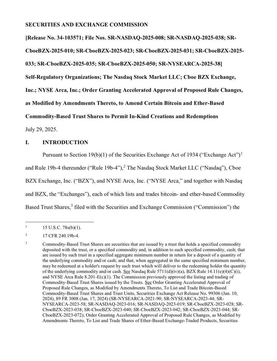 Eleanor Terrett (@eleanorterrett) on Twitter photo 🚨JUST IN: The <a href="/SECGov/">U.S. Securities and Exchange Commission</a> has granted accelerated approval for proposed rule changes from <a href="/Nasdaq/">Nasdaq</a>, <a href="/CBOE/">Cboe</a>, and <a href="/NYSE/">NYSE 🏛</a> to allow in-kind creations and redemptions for $BTC and $ETH ETFs.
That means market makers can deliver or receive actual crypto instead of cash — a big shift toward 🚨JUST IN: The <a href="/SECGov/">U.S. Securities and Exchange Commission</a> has granted accelerated approval for proposed rule changes from <a href="/Nasdaq/">Nasdaq</a>, <a href="/CBOE/">Cboe</a>, and <a href="/NYSE/">NYSE 🏛</a> to allow in-kind creations and redemptions for $BTC and $ETH ETFs.
That means market makers can deliver or receive actual crypto instead of cash — a big shift toward