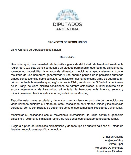 Christian Castillo (@chipicastillo) on Twitter photo Frente al genocidio que está llevando adelante el Estado de Israel contra el pueblo palestino, incluyendo la utilización del hambre como arma de guerra, desde el <a href="/Fte_Izquierda/">Frente de Izquierda Unidad</a> presentamos proyecto exigiendo la ruptura de relaciones diplomáticas con dicho estado. Hay que frenar Frente al genocidio que está llevando adelante el Estado de Israel contra el pueblo palestino, incluyendo la utilización del hambre como arma de guerra, desde el <a href="/Fte_Izquierda/">Frente de Izquierda Unidad</a> presentamos proyecto exigiendo la ruptura de relaciones diplomáticas con dicho estado. Hay que frenar