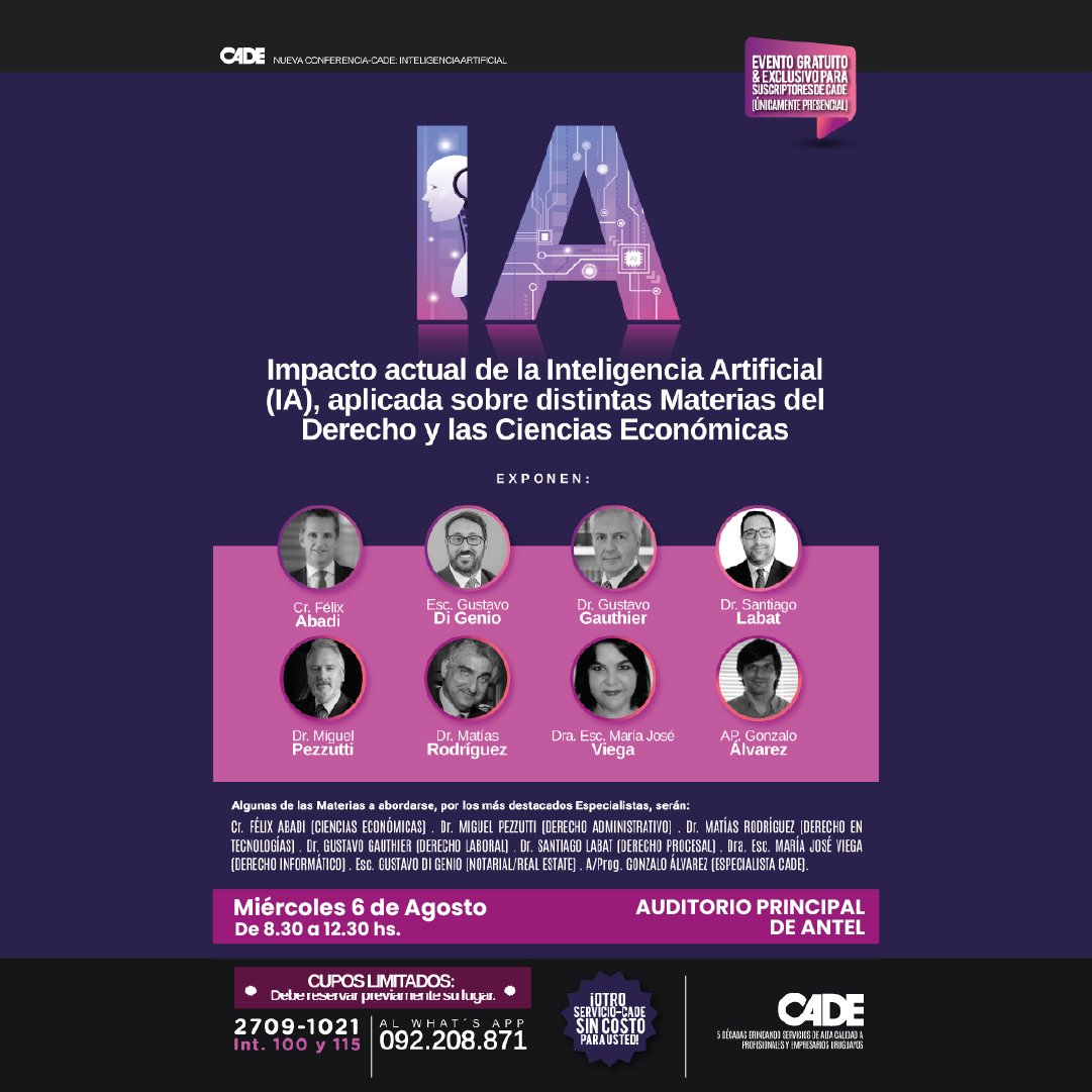 El 6 de agosto, <a href="/gustavodigenio/">Gustavo Di Genio</a> participará como expositor en la conferencia de CADE sobre el impacto actual de la Inteligencia Artificial en el Derecho y las Ciencias Económicas.

El evento se realizará de 8:30 a 12:30 h en el Auditorio Principal de ANTEL.

#PdelC #Servimos