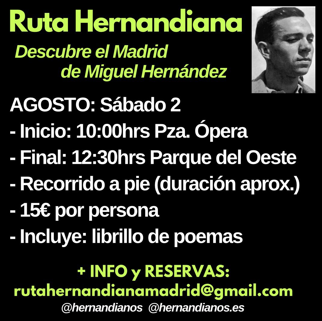 ππ’ππ¨π« ππ¨π§ππ«ππ«ππ¬ Β© (@aitor_contreras) on Twitter photo El sΓ‘bado 2 de agosto <a href="/hernandianos/">InstituciΓ³n Asociativa Cultural Hernandianos</a> programa una nueva ediciΓ³n de Ruta Hernandiana.
Nos adentraremos en la vida, obra y estancia capitalina del gran Miguel HernΓ‘ndez.
Os esperamos El sΓ‘bado 2 de agosto <a href="/hernandianos/">InstituciΓ³n Asociativa Cultural Hernandianos</a> programa una nueva ediciΓ³n de Ruta Hernandiana.
Nos adentraremos en la vida, obra y estancia capitalina del gran Miguel HernΓ‘ndez.
Os esperamos