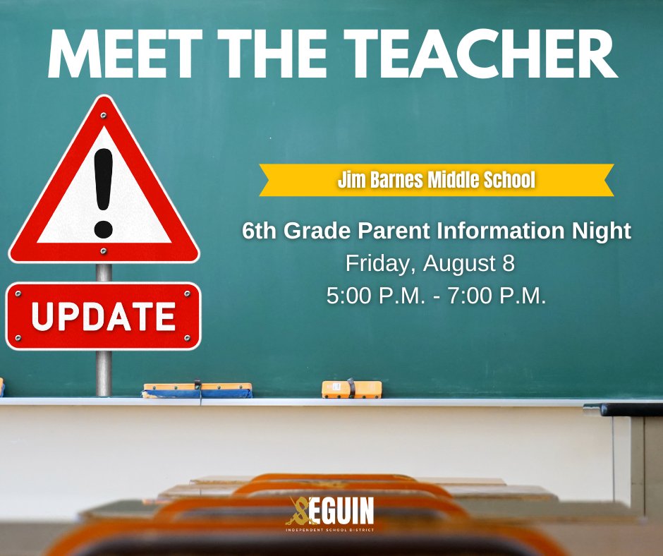 Heads up, Barnes parents!
Please mark your calendars: Jim Barnes Middle School is pushing its incoming 6th grade parent meeting to Friday, August 8 from 5:00 P.M. - 7:00  P.M.