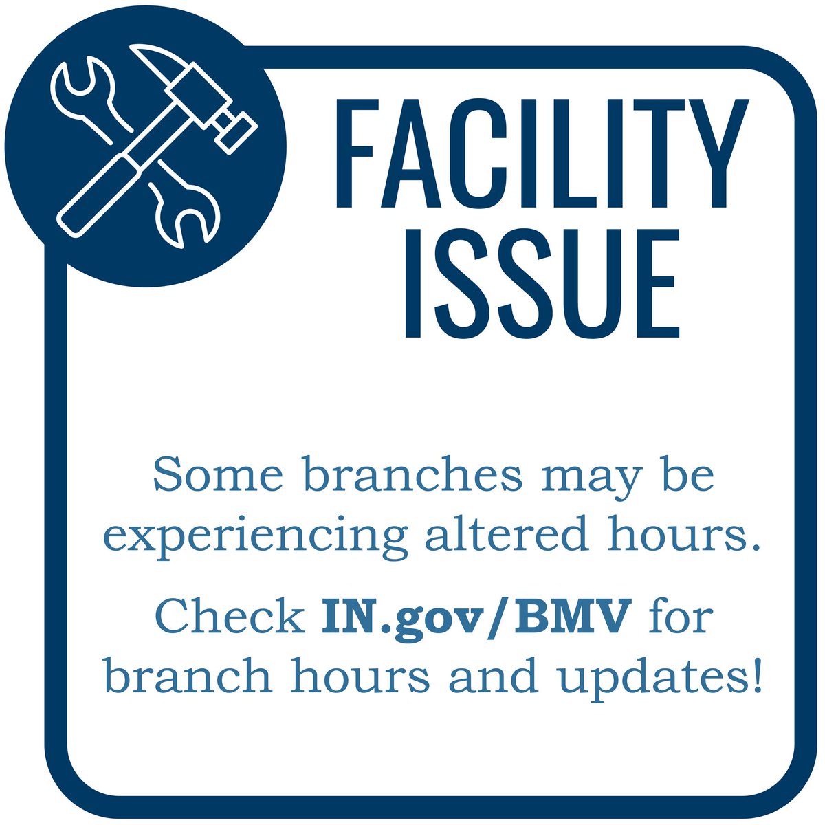 🚨ATTENTION: 🚨
Lawrenceburg branch will be closed for the day due to facilities issues. Please consider completing a transaction online at myBMV.com. Please stay tuned for updates. 

#INBMV #update