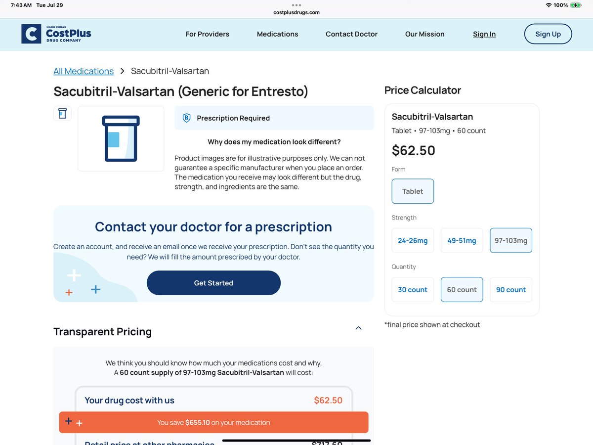 Documentation:

ARNI+BB+MRA+SGLT2i 

Cash price, 30 day supply 

$121.11

Please note standard shipping costs of $5 not included