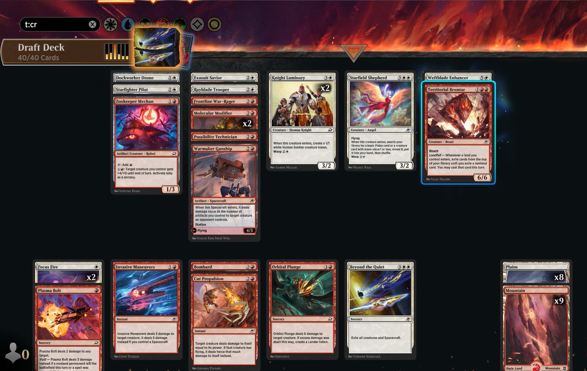 Razoack's tweet image. Edge of Eternities drafts! First 7 wins with this 7-1 deck, Made a lot of sequencing errors with the Bruntar and my  surveils / land search but overall powered through.