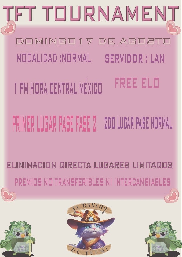 🤍 PRIMER TORNEO DE #TFT 🤍

¿Amas la estrategia? 🤓 ¿Te fascina #TFT pero no encuentras torneos donde te acepten por el ELO? 😞

✨ ESTE ES TÚ TORNEO ✨

🍡Para inscribirte solo manda DM y te haremos llegar lo necesario para que participes en este mágico torneo 🫶🏻