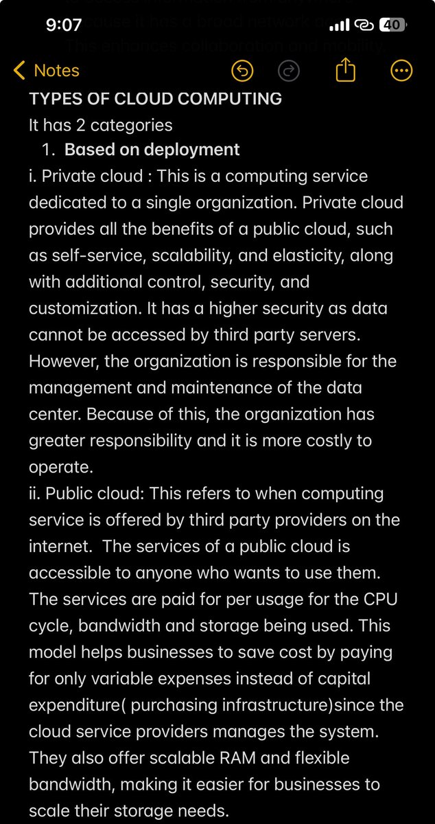 Udochukwuka_'s tweet image. Day 14 of 100: Cloud Computing Basics☁️
I learnt about IaaS, PaaS, SaaS, and the deployment models (private, public, hybrid). Screenshot of today’s notes below 👇
#100DaysOfLearning #TechTwitter #CloudComputing