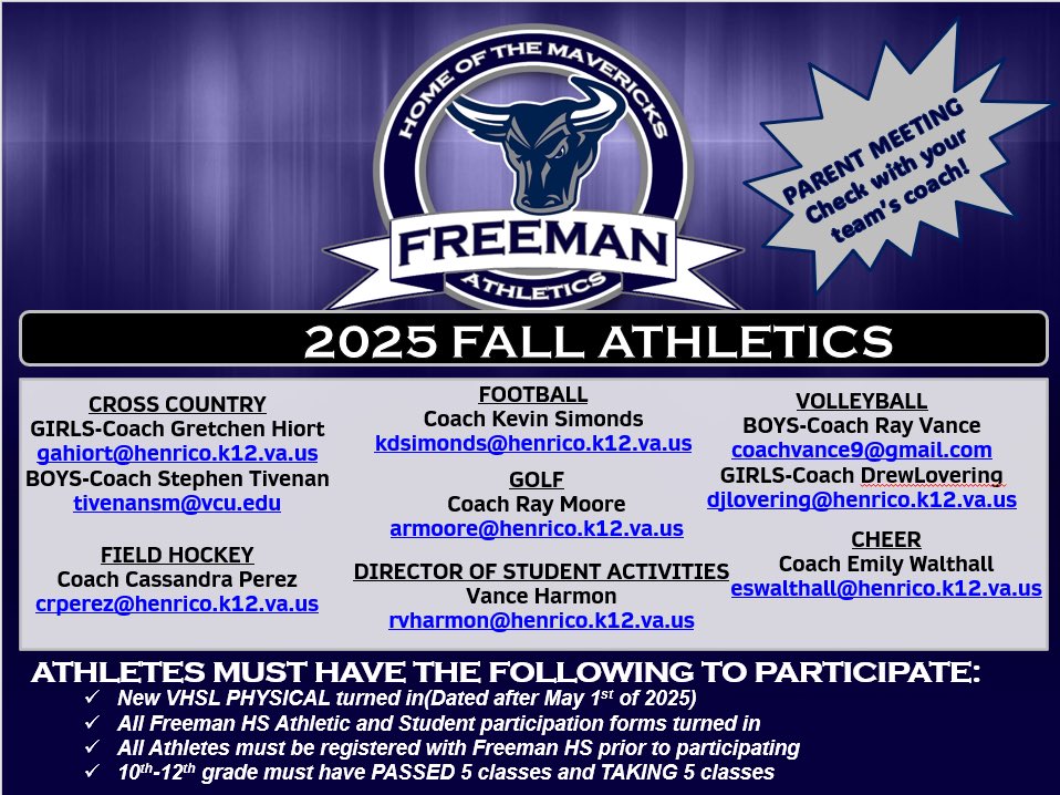 The Fall season is coming quick. If you are interested in playing a fall sport, please contact the coach. #HORNSUP #GOMAVS