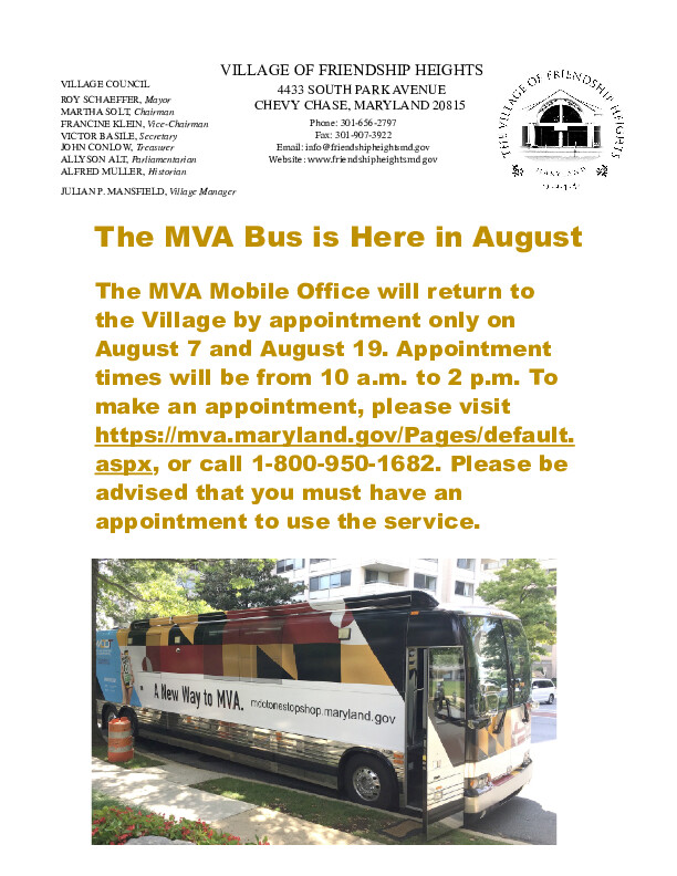 The MVA Bus returns to the Village on August 7 and August 19. Please visit the following MVA website to register: mva.maryland.gov/Pages/default.….