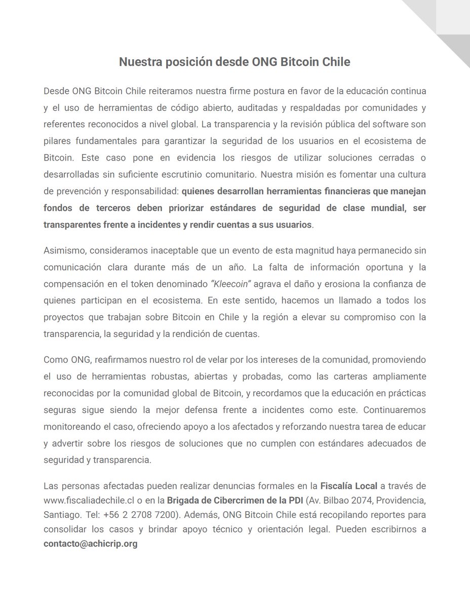 🚨 ALERTA DE SEGURIDAD 🚨
Desde <a href="/ACHICRIP/">ONG ₿itcoin Chile ⚡</a> advertimos: usuarios de KleeKard (Welten Fintech) afectados por un barrido masivo de fondos (sweep) típico de filtración de claves. El responsable reconoció pérdidas por 0.6+ #BTC

🔗 achicrip.org/comunicado-28-…

#Bitcoin #SeguridadBitcoin