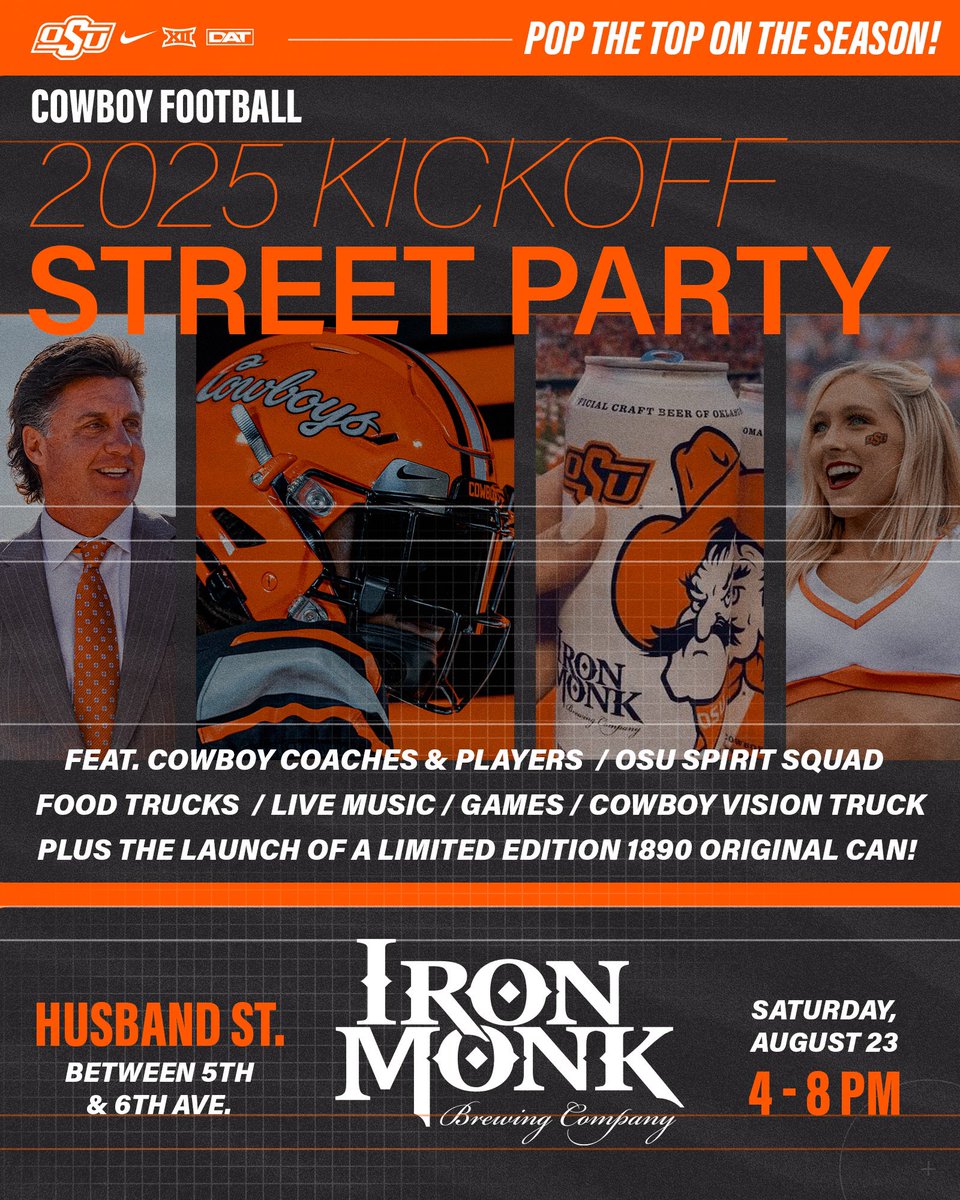 Mark your calendar for Saturday, August 23rd, to join us for the Cowboy Football 2025 Kickoff Street Party at Iron Monk! We’ll be launching a Limited Edition 1890 Original at the event, we’ll have the National Championship Golf Can, and much more! #GoPokes