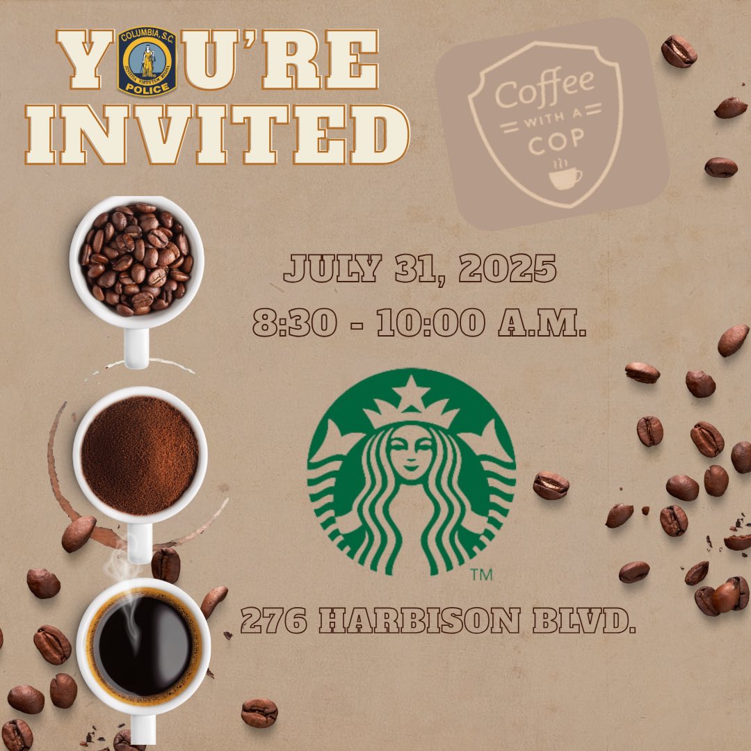 You’re invited to have a conversation over ☕️ w/#ColumbiaPDSC officers 👮‍♂️ this week at the Harbison @starbucks for @coffeewithacop.  #ColumbiaPDSC Chief Holbrook adopted the national program several years ago as a way to invite @cityofcolumbiascgov residents to engage with