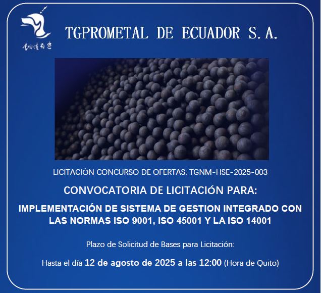 TGPROMETALSA's tweet photo. MATERIAL RESISTENTE AL DESGASTE TGPROMETAL DE ECUADOR S.A. (TGPROMETAL) anuncia la convocatoria de subasta para IMPLEMENTACIÓN DE SISTEMA DE GESTION INTEGRADO CON LAS NORMAS ISO 9001, ISO 45001 Y LA ISO 14001.  Más detalles en el siguiente:
https://t.co/f25n4eUW2V https://t.co/W7iaku6CR4