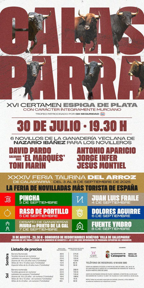 pedrommellinas's tweet image. Mañana 30 de julio es día grande en #Calasparra y cita imprescindible para la #MurciaTaurina. Las jóvenes promesas se disputan la prestigiosa #EspigaDePlata. Aficionado, ¡no faltes! 👇