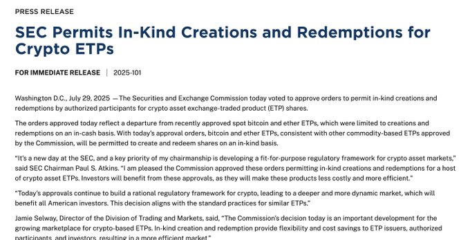 SEC Press Release on In-Kind Creations and Redemptions for Crypto ETPs