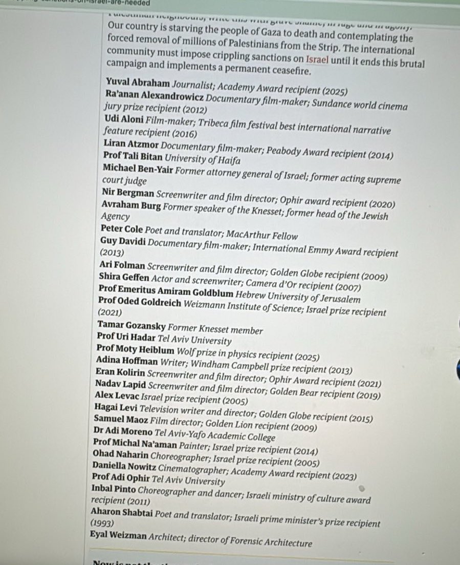 Is ra el i cultural and academic figures signed a letter asking the world to impose “crippling sanctions” until permanent ceasefire - they only found 31 people. 31. Thats it. Almost 2 years into a live-streamed genocide. So pls gtfo w your “Netanyahu is the issue”nonsense