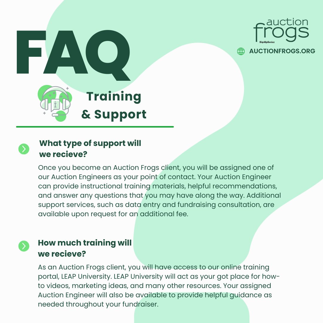 Check out some of the frequently asked questions about training and support!

Ready to tour our platform? Visit auctionfrogs.org/online-auction…