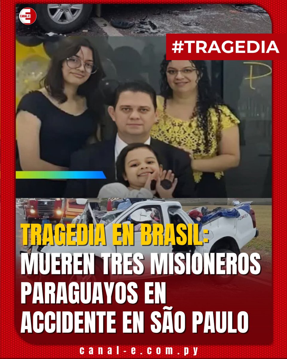 🚨 #Policiales | Tragedia en Brasil
Un accidente en la Rodovia Castelo Branco (SP-280), km 194, en Pardinho, São Paulo, cobró la vida de tres miembros de una familia misionera de la iglesia Asamblea de Dios de San Lorenzo (Paraguay), el viernes 25 de julio.

🙏 Las víctimas