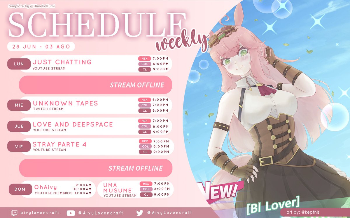 AivyLovencraft's tweet photo. 【Calendario & Tags】
JUL 29 - AGO 03♥️
(Calendario sujeto a cambios con posibilidad de streams no programados)
GENERAL: #AivyLovencraft
LIVE: #AivyLive
ART: #AivyDraw / NSFW: #HentAivy
FANNAME: #Craftitos
MEMES: #LovenMemes https://t.co/wLPi17ItsX