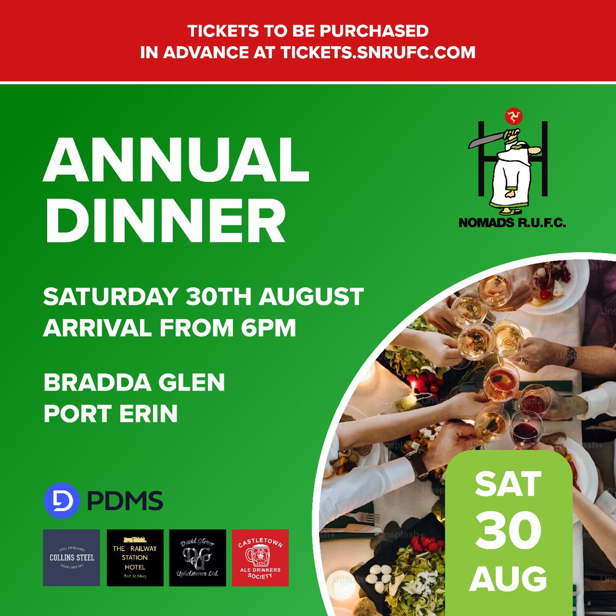One month until the club's Annual Dinner at Bradda Glen on the 30th August. 

Tickets are now on sale via tickets.snrufc.com and include a 2-course meal &amp; live music.

The dinner is included in gold &amp; silver subs from last year. Codes will be issued within the next 48 hours.