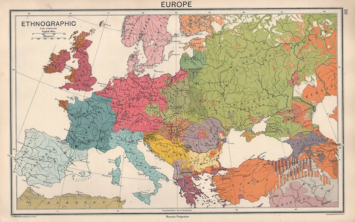 Ethnographic Map of Europe, published in 1931, illustrating the distribution of various ethnic groups across the continent.