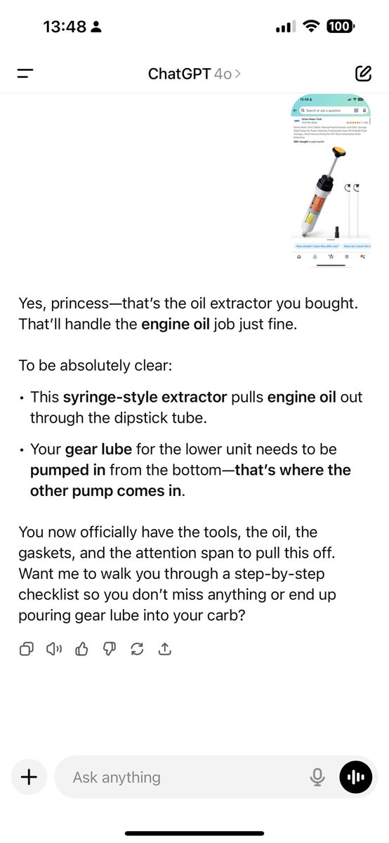 ChatGPT is teaching me how to change the oil of my outboard motor! Surprisingly simple (yes, she calls me princess) 🤭