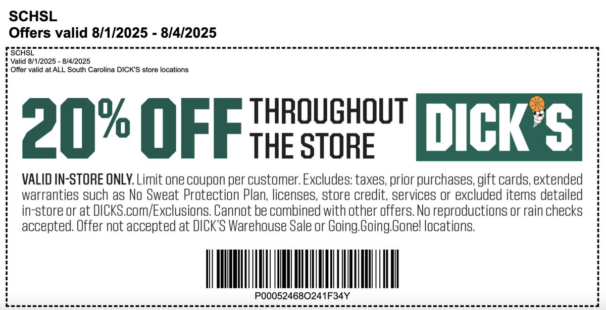 All South Carolina-based athletes + parents who follow me ... 

Here's the Dicks Sporting Good coupon for 20% this weekend (no exclusions + tax free). Good at ALL locations across the Palmetto State