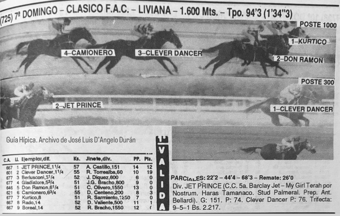 El 30 de julio de 1995 JET PRINCE entrenado por Antonio Bellardi les pasó por encima, como dijo el incolume Lester Rivas, en el FAC ganando en tiempo récord de 
94”3 en La Rinconada, bajando en 1 segundo la previa en poder de ISLANDIC desde 24-11-1991