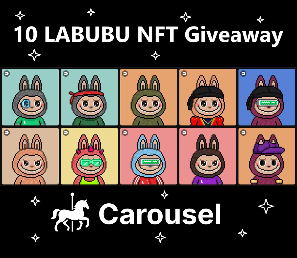 10 Labubu NFTs Giveaway 🔥

We are giving away 10 Labubu NFTs
We will choose 10 winners after 72 hours

◾️Follow US, <a href="/pixkiwi/">KiwiPix 👾</a>  &amp; <a href="/CarouselBMX/">Carousel</a> 
◾️Like and Retweet
◾️Tag 4 Friends + your address

Carousel NFT Marketplace:
carousel.trade/collection/lab…