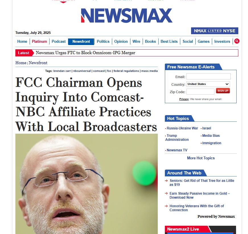 Ted Hearn (@tedatpolicyband) on Twitter photo 🚨 @Newsmax: FCC Chairman <a href="/BrendanCarrFCC/">Brendan Carr</a> Opens Inquiry Into @Comcast-NBC Affiliate Practices With Local Broadcasters | $CMCSA buff.ly/9JkLcul 🚨 @Newsmax: FCC Chairman <a href="/BrendanCarrFCC/">Brendan Carr</a> Opens Inquiry Into @Comcast-NBC Affiliate Practices With Local Broadcasters | $CMCSA buff.ly/9JkLcul