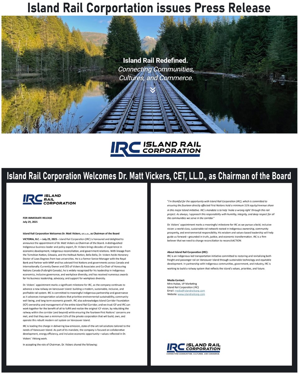Island Rail Corporation Issues Press Release welcoming Dr. Matt Vickers,  a distinguished Indigenous business leader and policy expert, as Chairman of the Board.

For those that don't know this is not the Island Corridor Foundation that owns our rail corridor, nor is it Southern