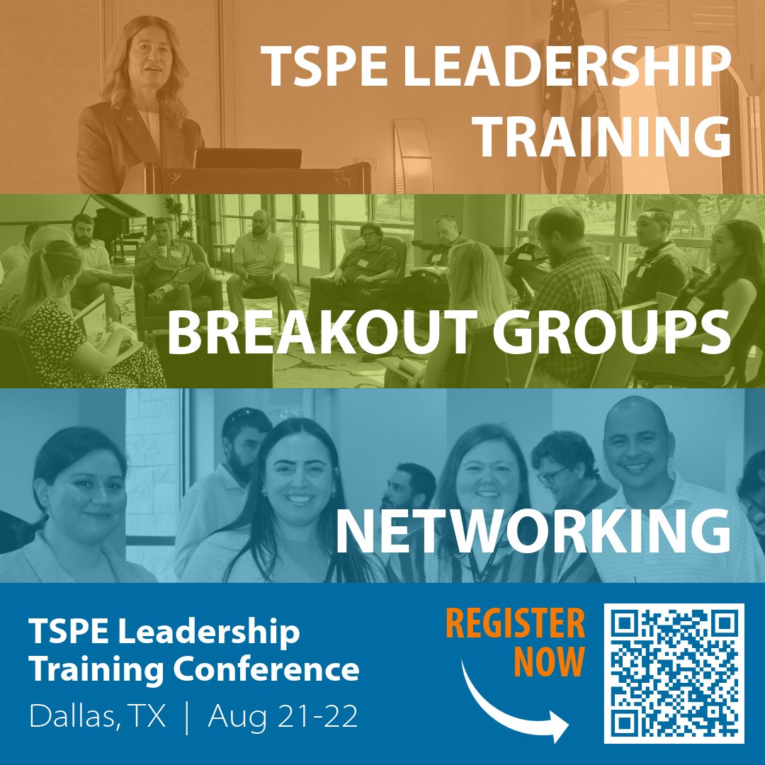 📣 Calling all current/future leaders of TSPE!

Join us on August 21-22 in Dallas for two days of leadership training, engaging breakout groups, and networking with other TSPE leaders from throughout the state. 🤝 

Learn more &amp; register today: tspe.org/page/Leadershi… #TSPE
