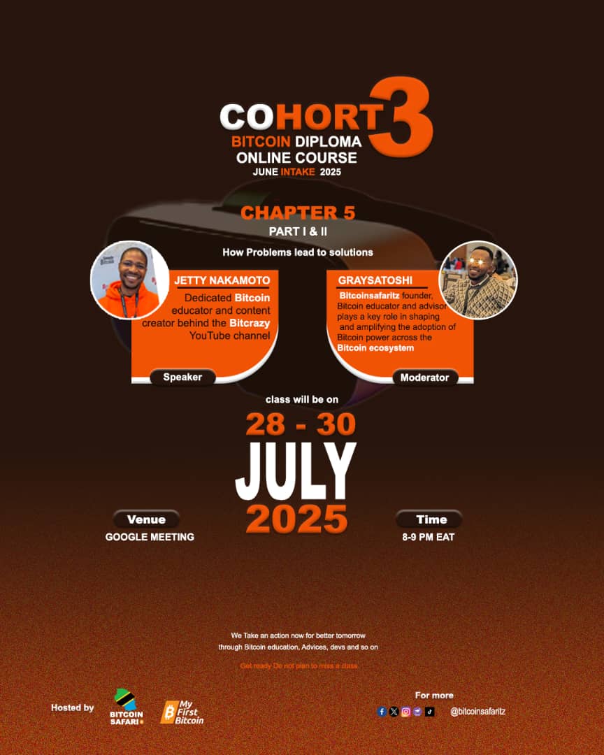 BitcoinSafariTzEducation (@bitcoinsafaritz) on Twitter photo Hello Bitcoiners & Cohort 3 Students 👋🏾
We’re excited to officially begin Chapter 5 of our Bitcoin Diploma Course titled "How Problems Lead to Solutions", starting from July 28th to 30th, 2025. The session will be led by <a href="/getraud/">💊JET.Bitcrazy🏴☠️🐜⚡️</a>, our trusted Bitcoin Educator. The class will Hello Bitcoiners & Cohort 3 Students 👋🏾
We’re excited to officially begin Chapter 5 of our Bitcoin Diploma Course titled "How Problems Lead to Solutions", starting from July 28th to 30th, 2025. The session will be led by <a href="/getraud/">💊JET.Bitcrazy🏴☠️🐜⚡️</a>, our trusted Bitcoin Educator. The class will