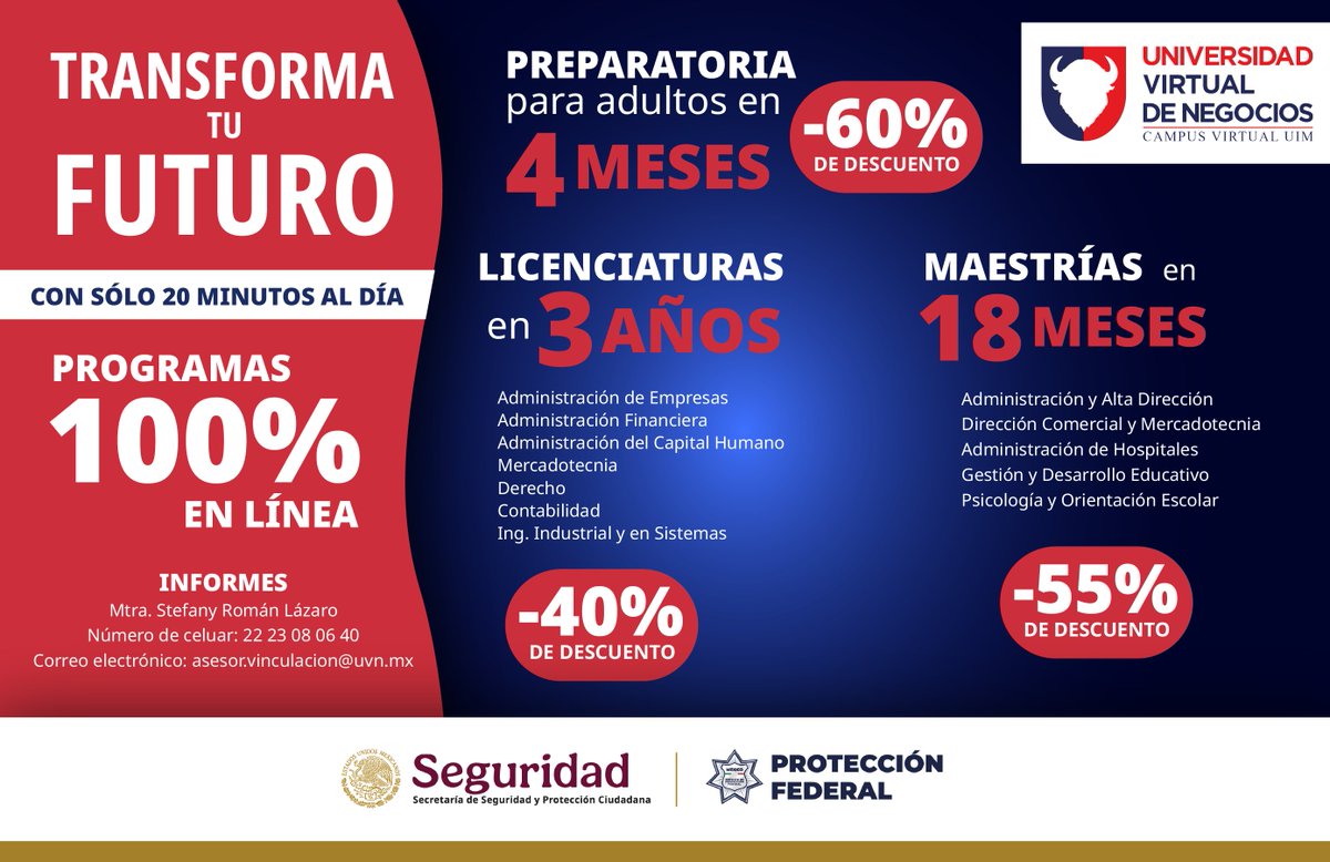 📘 Estudia, supérate y sirve con excelencia.
👮🏽‍♀️👮🏽‍♂️ Quienes protegen a México se preparan todos los días para ser mejores.
🎓 Infórmate sobre los beneficios exclusivos con UVN y da el siguiente paso.
#ProtectoresdelaNación #MásCercaMásSeguros