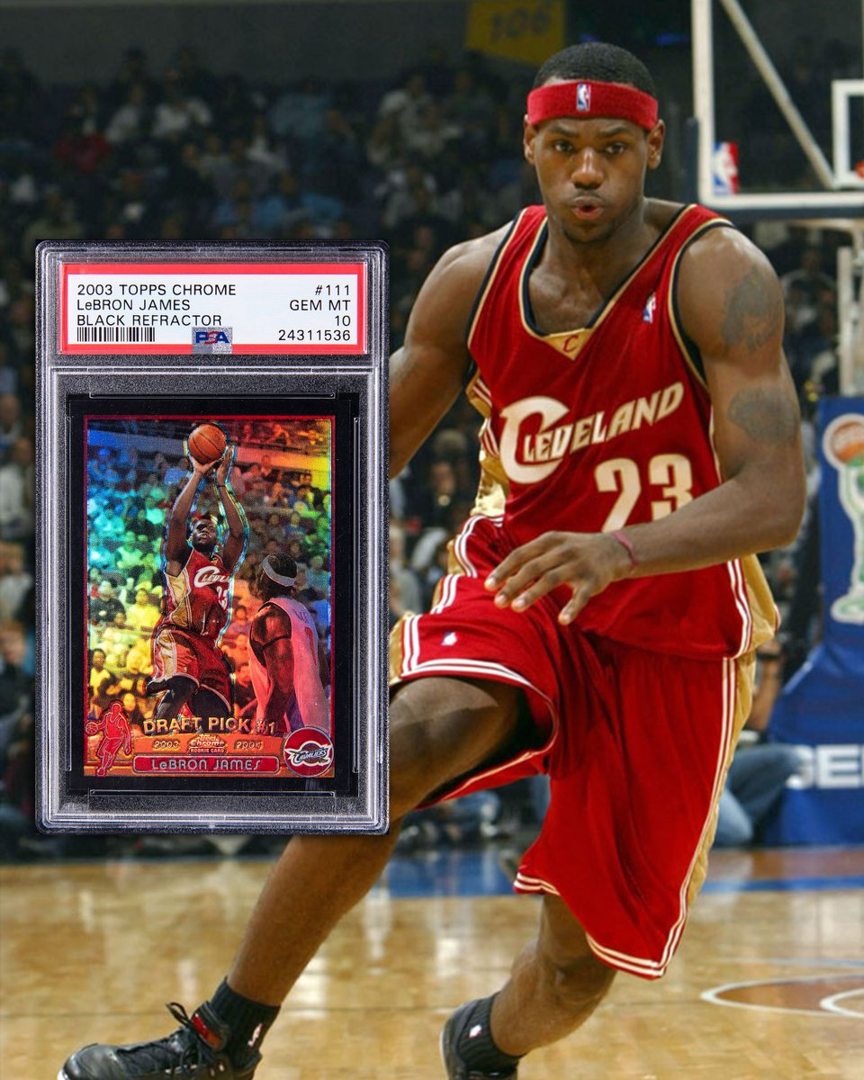 One of The King's best cards! 🏀👑

This 2003-04 Topps Chrome Black Refractor #111 LeBron James Rookie Card is one of only 21 PSA GEM MT 10s. 

Bid on this LeBron Collectible in our July Elite: bit.ly/452ltQR

This Card boasts uncommonly superb border integrity, and the
