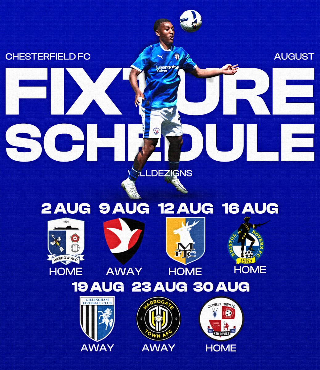 📅 Chesterfield FC August Fixtures!

👀 How many points do you think we'll get, and will we beat Mansfield in the cup? #Spireites

#SMSports