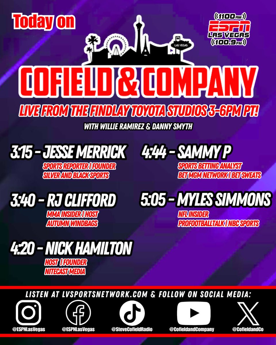 ESPN 1100/100.9 FM (@espnlasvegas) on Twitter photo Tap in for a stacked episode of <a href="/cofieldandco/">Cofield & Company</a> with <a href="/WillieGRamirez/">WillieGRamireZ</a>, <a href="/_DannySmyth/">Danny Smyth</a>, & <a href="/Griffinkemp51/">Griffin Kemp</a> live from 3-6pm PT!
📻: 1100 AM / 100.9 FM
📱: Text the show at 702-364-1100
💻: Stream live at LVSportsNetwork.com Tap in for a stacked episode of <a href="/cofieldandco/">Cofield & Company</a> with <a href="/WillieGRamirez/">WillieGRamireZ</a>, <a href="/_DannySmyth/">Danny Smyth</a>, & <a href="/Griffinkemp51/">Griffin Kemp</a> live from 3-6pm PT!
📻: 1100 AM / 100.9 FM
📱: Text the show at 702-364-1100
💻: Stream live at LVSportsNetwork.com