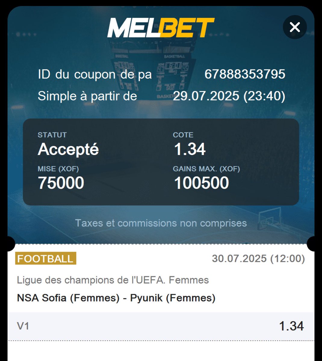 africanbetting's tweet image. #NSA Sofia Femmes       🆚 #Pyunik Femmes     

➡️ Pronostic : V1

💰 Gain potentiel : 100.500 XOF 

🔥🔥💥▶️ #Melbet : ➡️

🔥🔥💥▶️CODE PROMO : xfree   (Inscris-toi avec le code promo et reçois un bonus équivalent au double de ton premier dépôt)

#pronos
