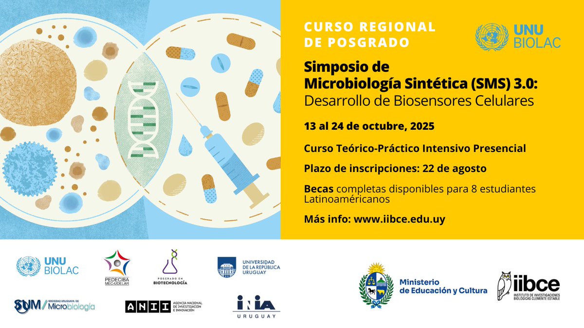 Abrimos las inscripciones para el Simposio internacional de Microbiología Sintética (SMS) 3.0: Desarrollo de Biosensores Celulares. 
Será en nuestro instituto, en Mdeo, Uruguay, del 13 al 24 de octubre de 2025.
Más info. en la web: bit.ly/419ZKE0
#microbiologíasintética
