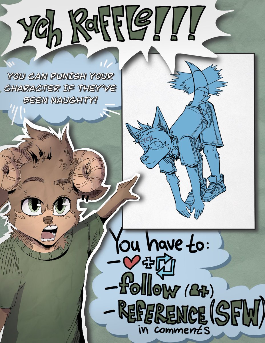 🎉 YCH RAFFLE TIME! 🎉
You can punish your character if they’ve been naughty~ 😈✨

One winner gets their furry OC drawn in this YCH — flat color!
SFW only 💙

To enter:
❤️ Like
🔁 Retweet
👤 Follow (18+)
📎 Drop SFW ref!

Ends August 3rd! 🕒
Good luck,everyone!
#furry