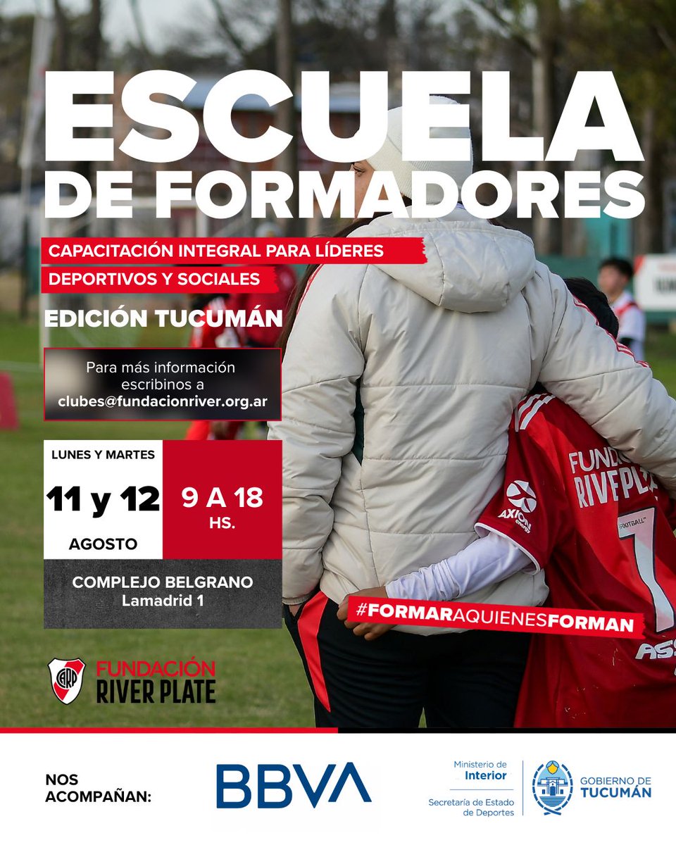 Fundación River (@fundacionriver) on Twitter photo ¿Vivís en Tucumán y te gustaría capacitarte en nuestra metodología? 🧑🏫➡️ Este 11 y 12 de agosto vamos a estar en el Complejo Belgrano con una nueva edición de Escuela de Formadores junto a <a href="/bbva_argentina/">BBVA en Argentina</a>
Inscripciones acá 👉 forms.gle/tnzrHoqu7CQfL2… ¿Vivís en Tucumán y te gustaría capacitarte en nuestra metodología? 🧑🏫➡️ Este 11 y 12 de agosto vamos a estar en el Complejo Belgrano con una nueva edición de Escuela de Formadores junto a <a href="/bbva_argentina/">BBVA en Argentina</a>
Inscripciones acá 👉 forms.gle/tnzrHoqu7CQfL2…